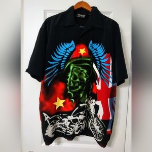 DRAGONFLY HAUNTED SKULL MOTORCYCLE MEN'S BLACK SHORT SLEEVE BUTTON UP SHIRT XL